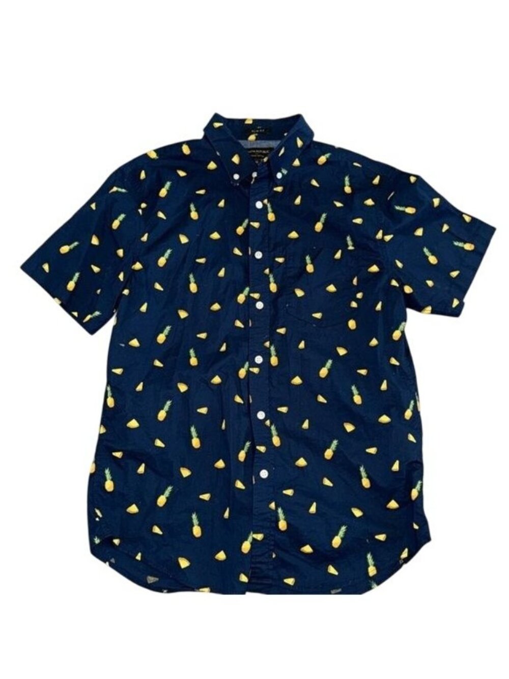 Banana Republic Slim Fit Pineapple & Lemon Print Navy Short Sleeve Shirt M